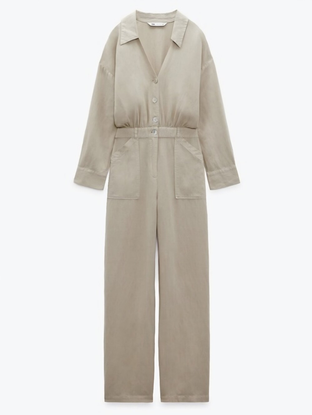 Zara Beige Linen Blend Button Front Collared Wide Leg Jumpsuit